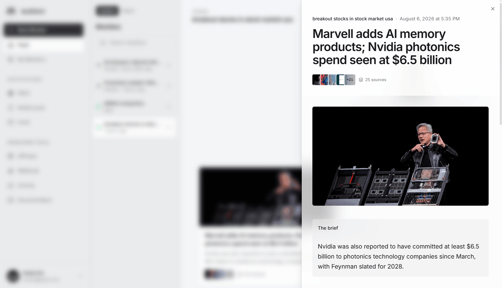 An AyeWatch alert opened on the web, showing the headline, 25 supporting sources and a short brief explaining what changed