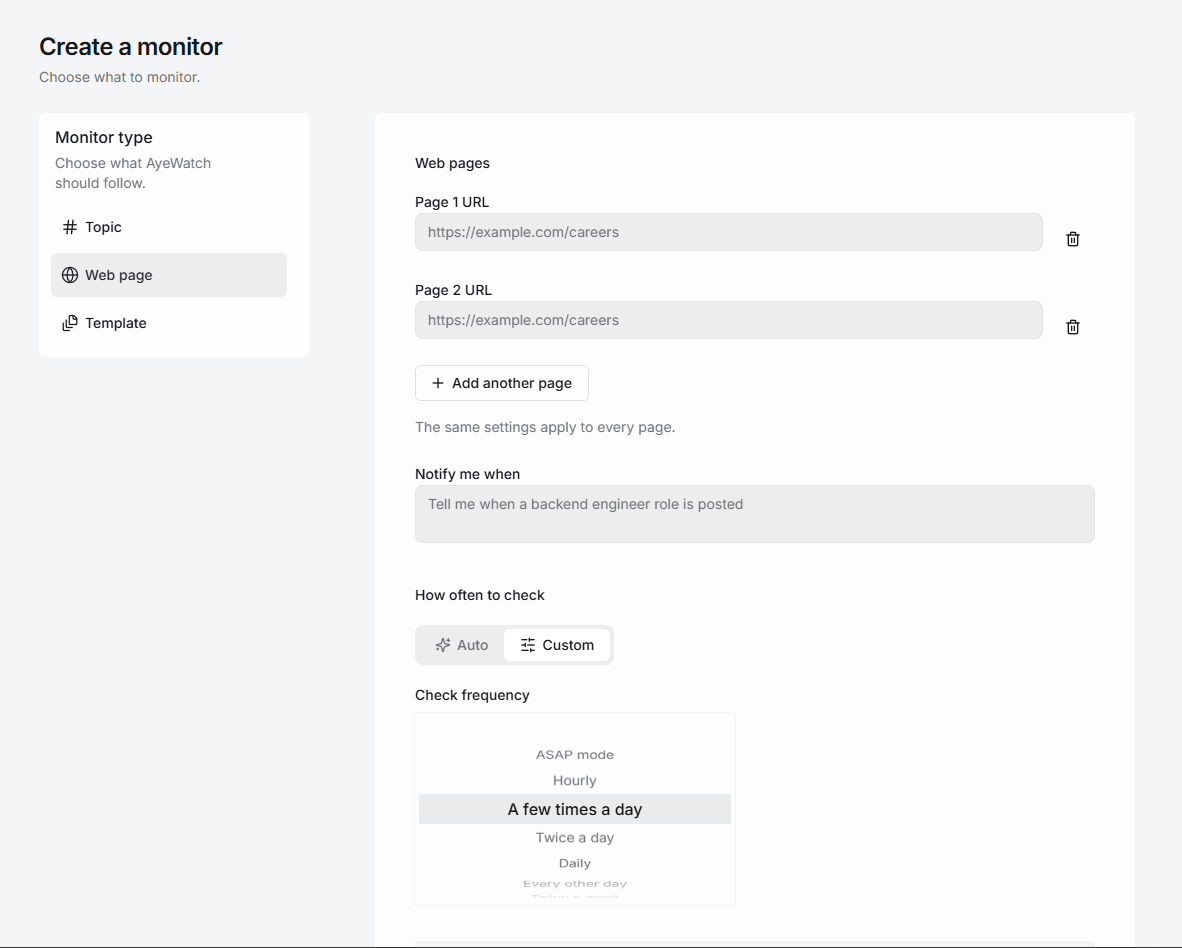 Creating a web page monitor in AyeWatch with two page URLs and a plain-English rule that asks to be told when a backend engineer role is posted