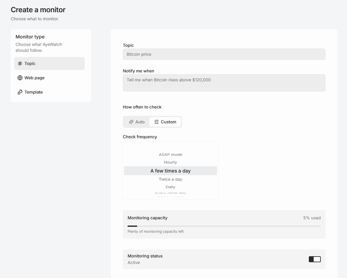 Creating a topic monitor in AyeWatch: a plain-English notify rule, the Auto and Custom speed choice, a frequency list starting at ASAP mode, and the monitoring capacity meter