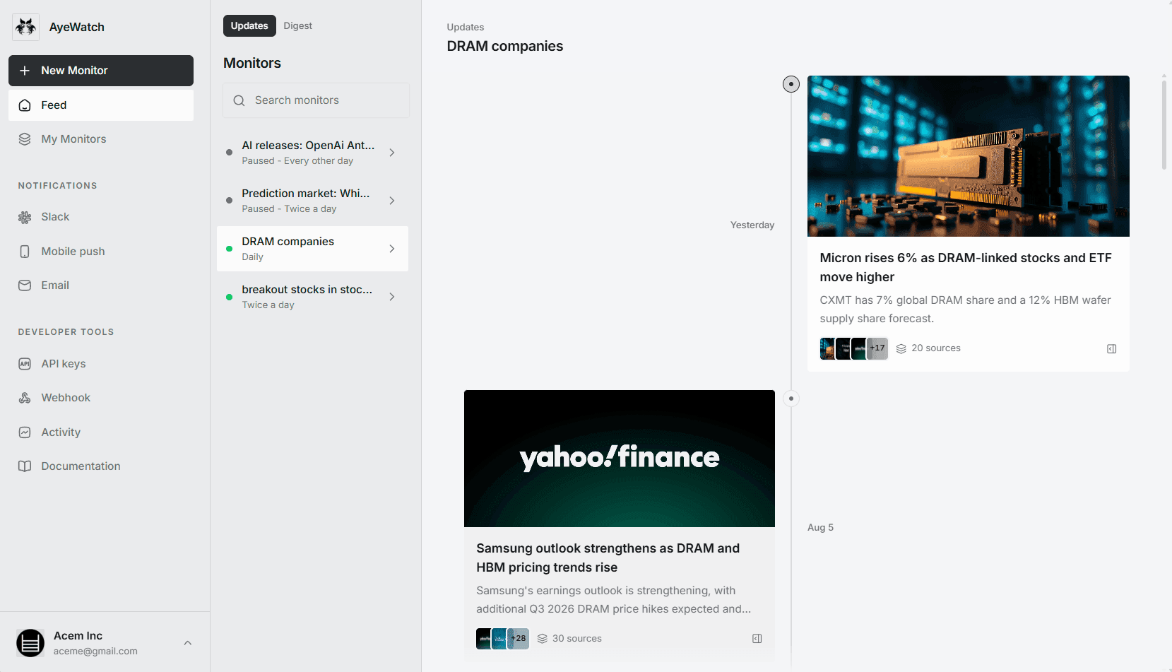 AyeWatch on the web: the Updates feed for a DRAM companies monitor, showing alert cards with headlines, summaries and source counts