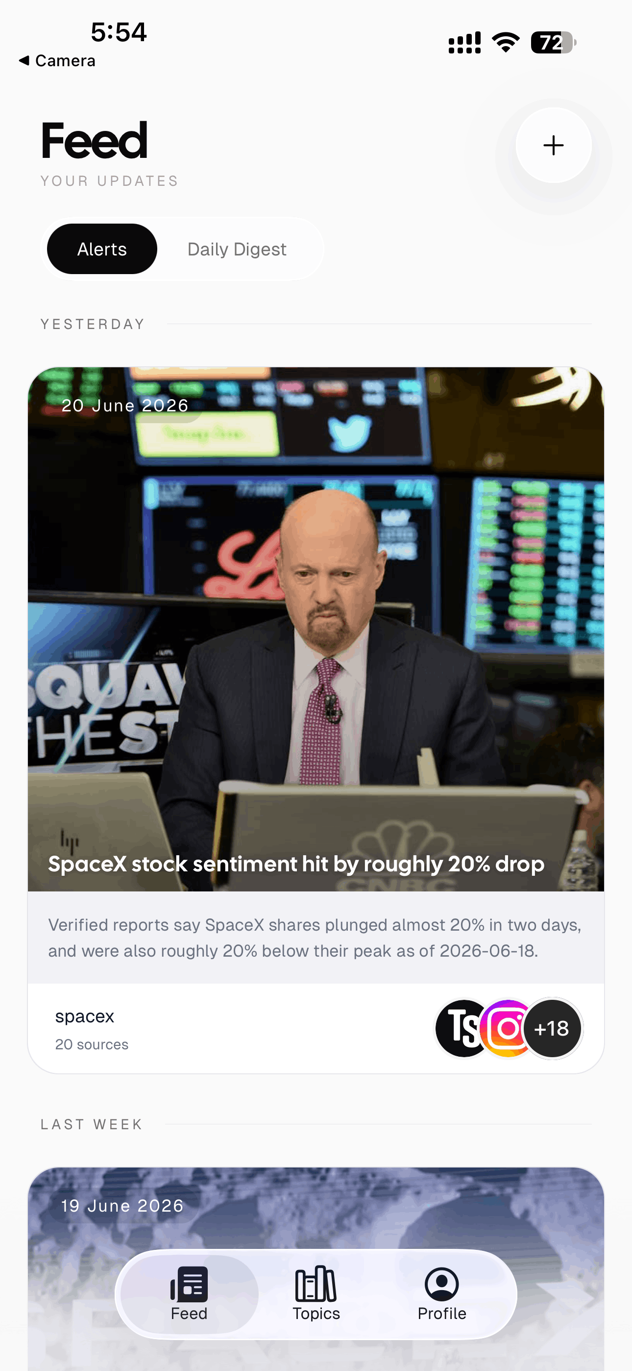 AyeWatch on iPhone: the Alerts feed with a card reading “SpaceX stock sentiment hit by roughly 20% drop”, backed by 20 sources