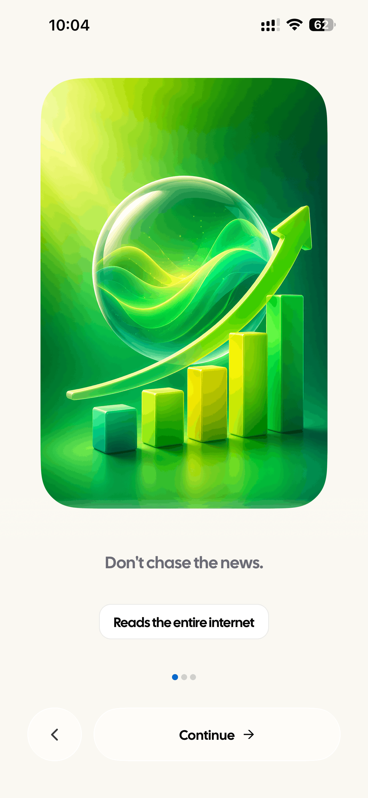AyeWatch on iPhone: an onboarding card reading “Don’t chase the news — reads the entire internet”