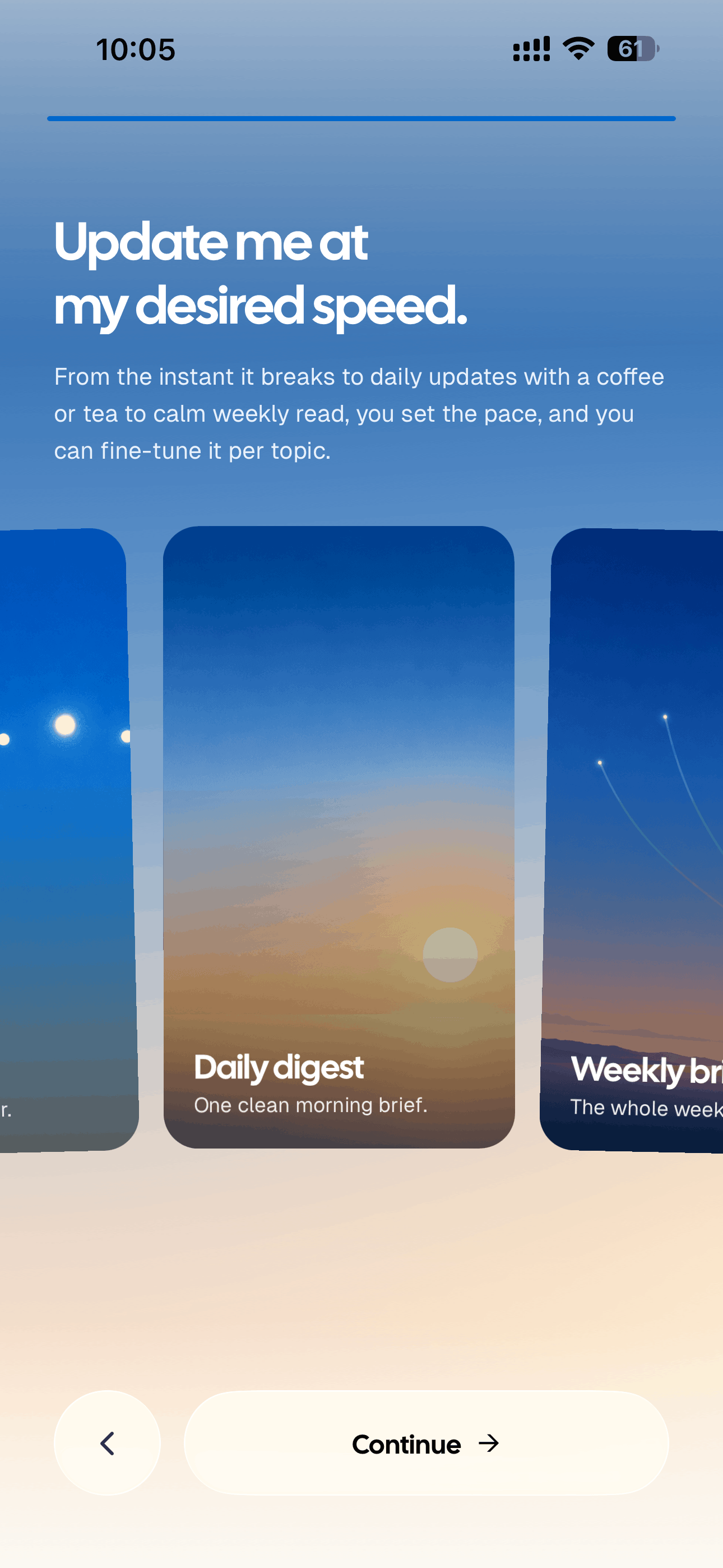 AyeWatch on iPhone: the delivery-speed step, “Update me at my desired speed”, offering a daily digest or a weekly brief