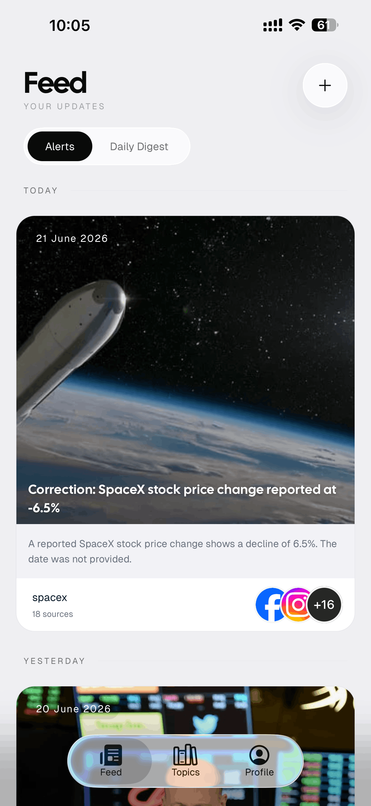 AyeWatch on iPhone: a correction card revising a reported SpaceX stock price change to -6.5%, backed by 18 sources