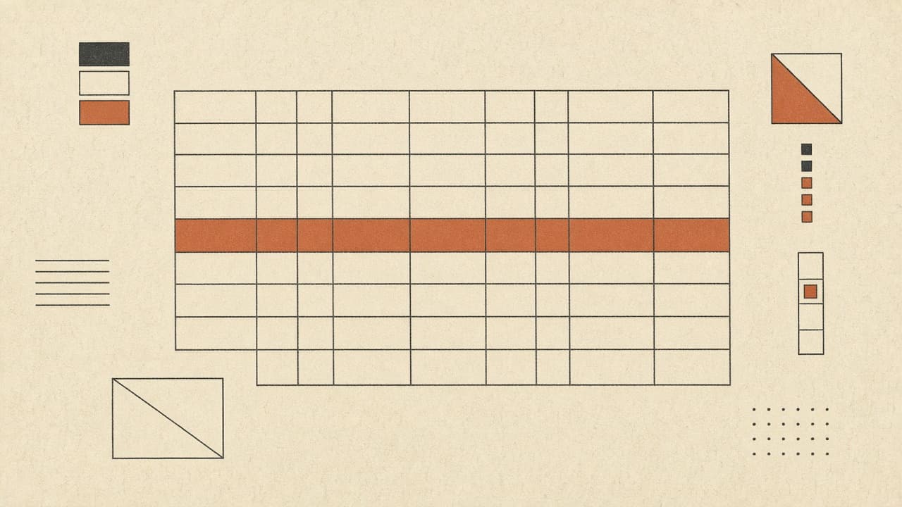 Geometric holdings grid with one terracotta row on warm paper