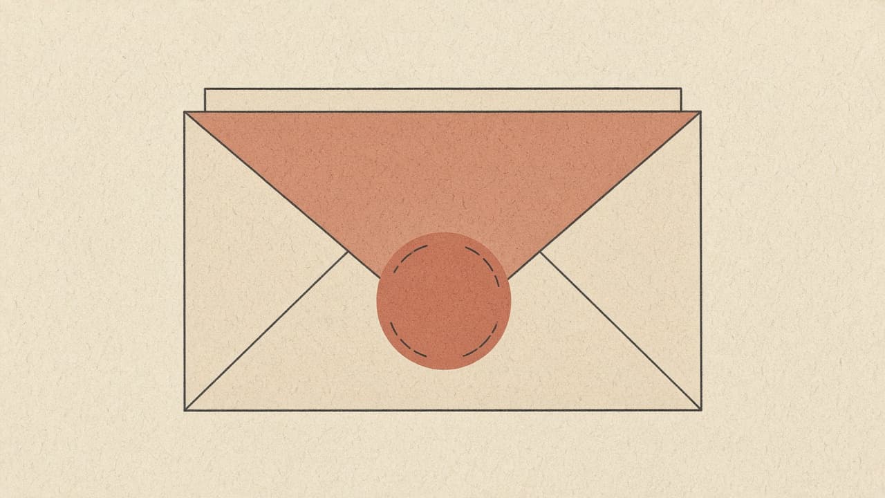 Geometric envelope and letter with a terracotta seal on warm paper
