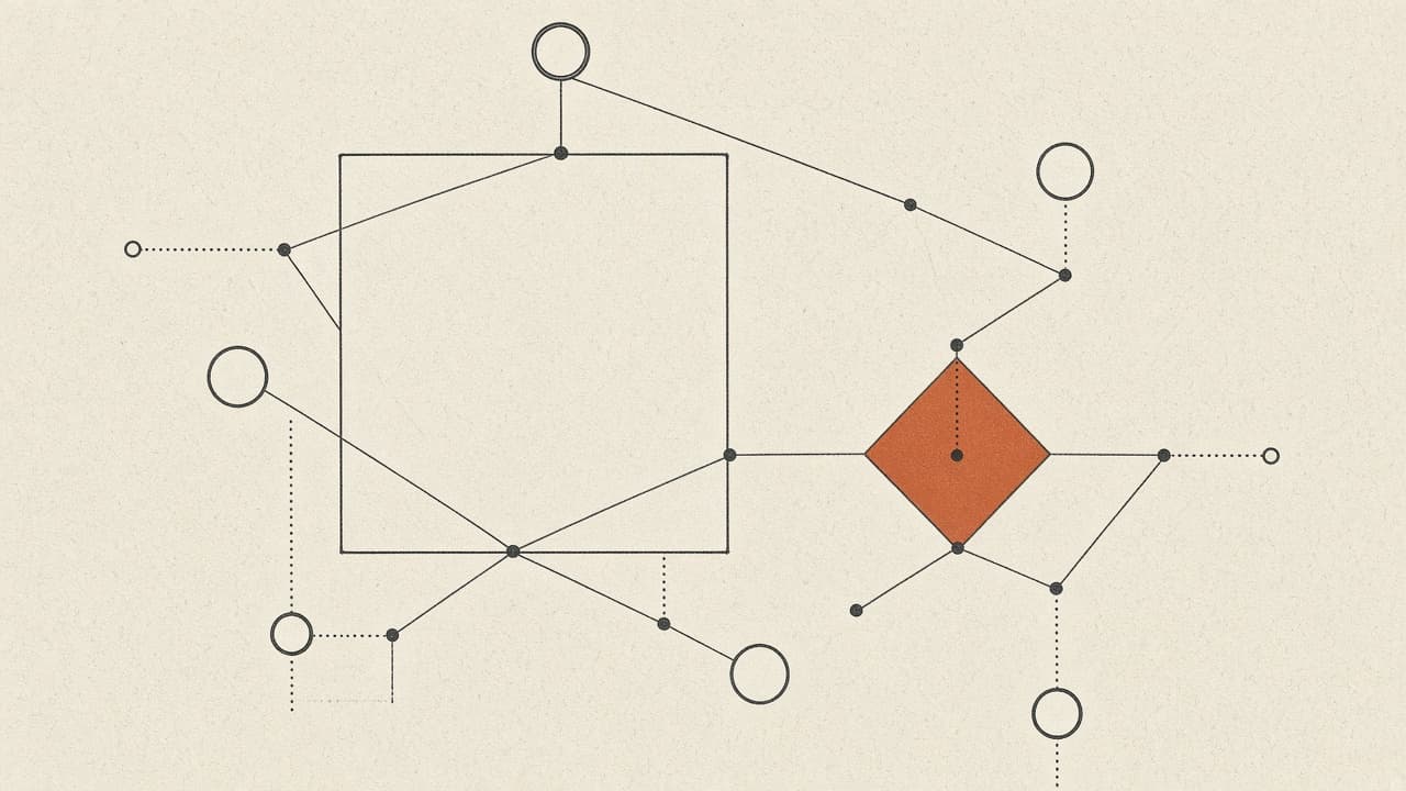 Abstract nodes linking a page block to a terracotta meaning mark