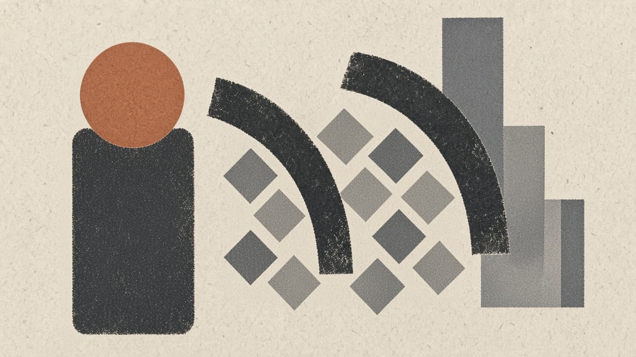 Rounded charcoal slab and terracotta disc on warm paper