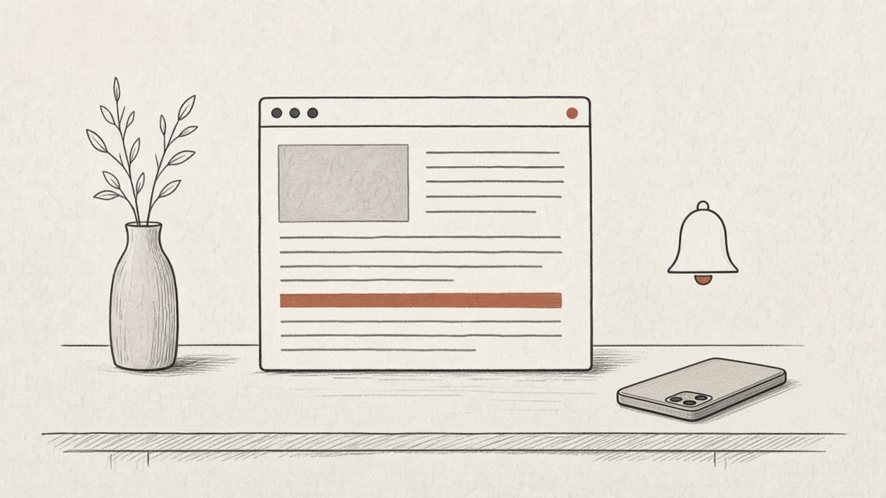 A desk with app review guidelines in a browser window, a rust bar, a vase, a bell and a phone