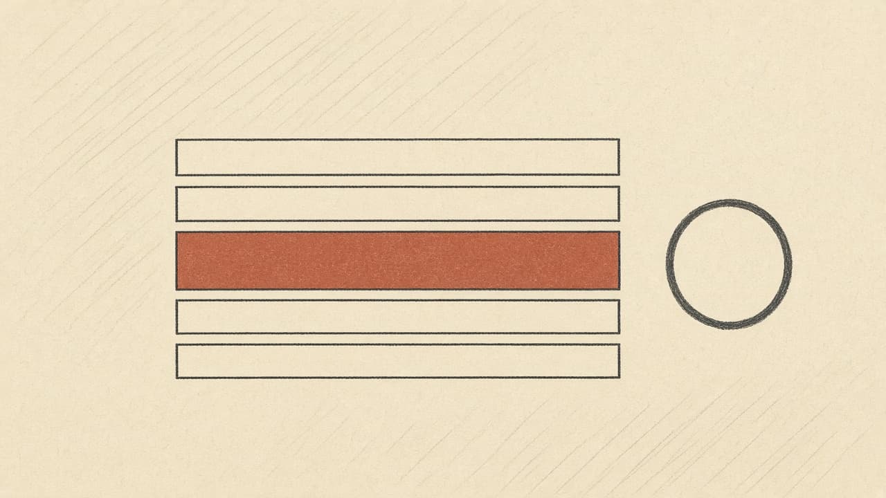 Geometric stacked bars on warm paper, one terracotta band, charcoal circle