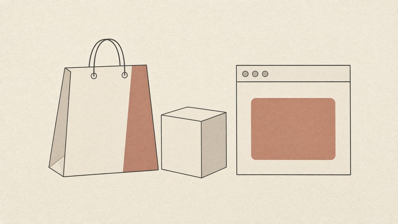Geometric shopping bag and product box beside a browser frame