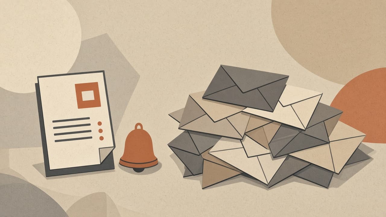 One marked document and a small bell beside a pile of unmarked envelopes