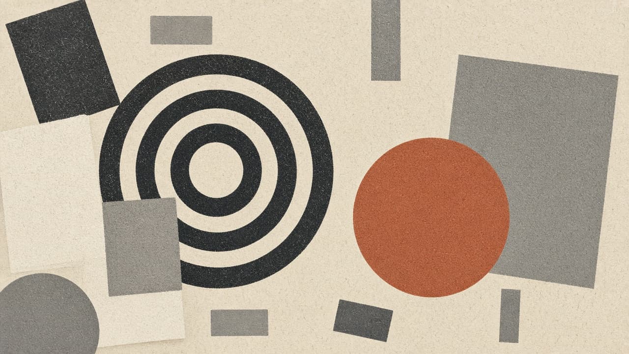 Concentric charcoal rings and terracotta pings on warm paper