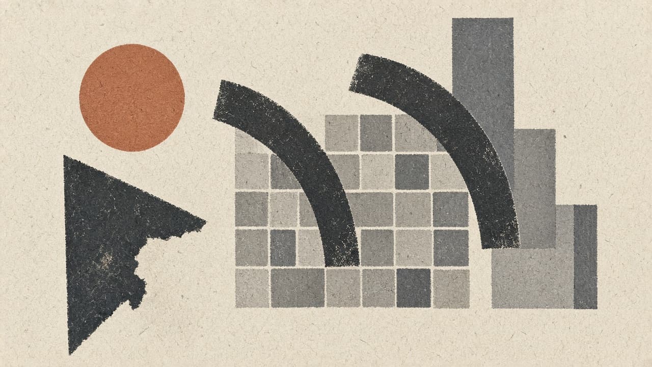 Geometric page blocks and a charcoal watch shape on warm paper