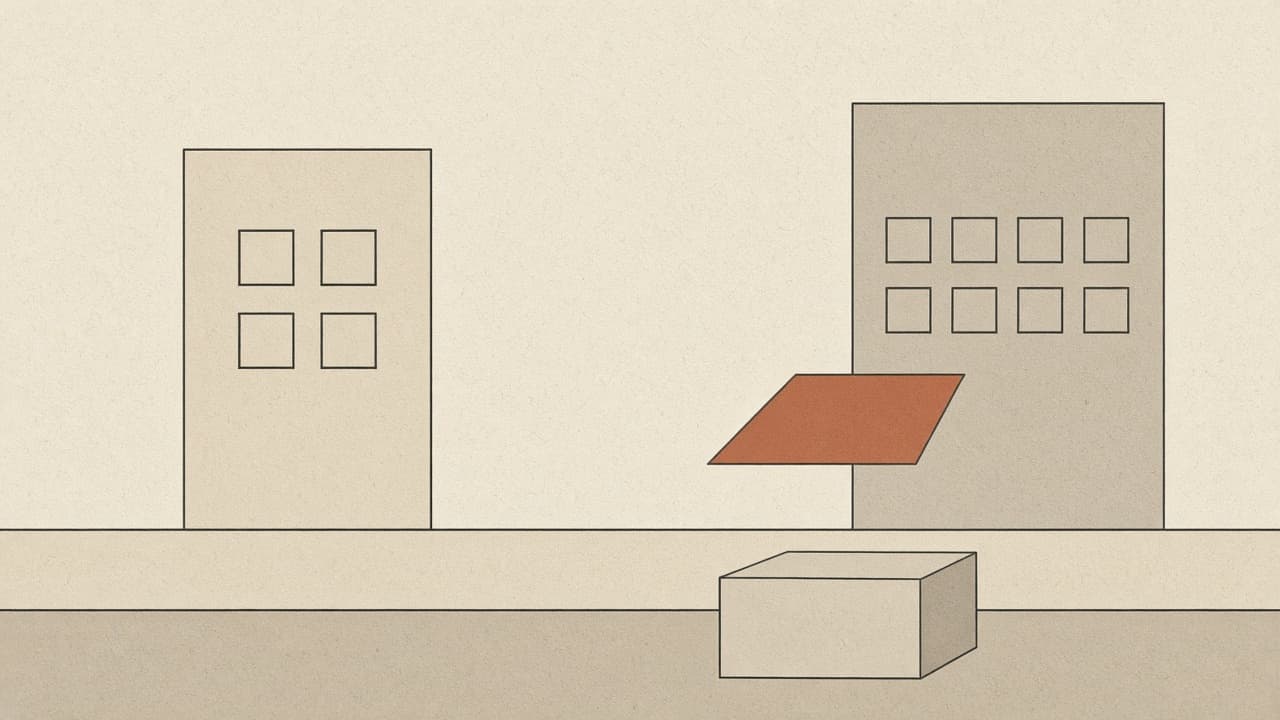 Two geometric shopfronts, one box and one awning, terracotta accent