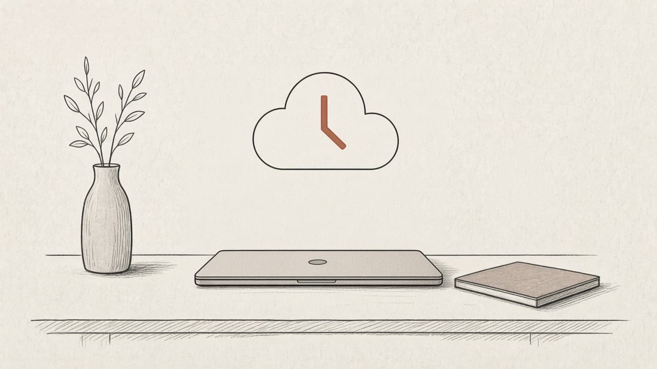 A closed laptop under a small cloud watch mark