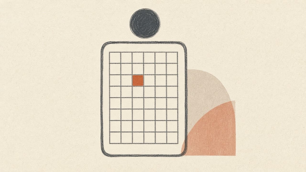 Geometric clipboard grid on warm paper, one terracotta cell
