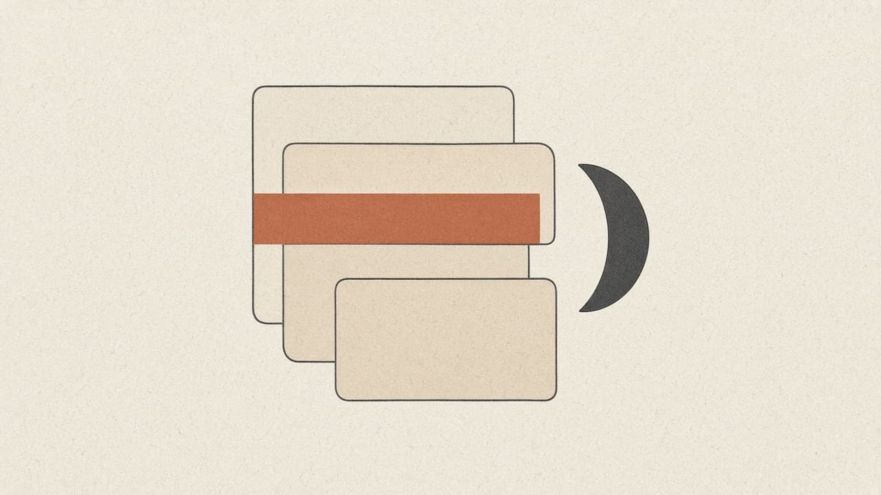 Overlapping paper panels with one terracotta bar and a charcoal crescent