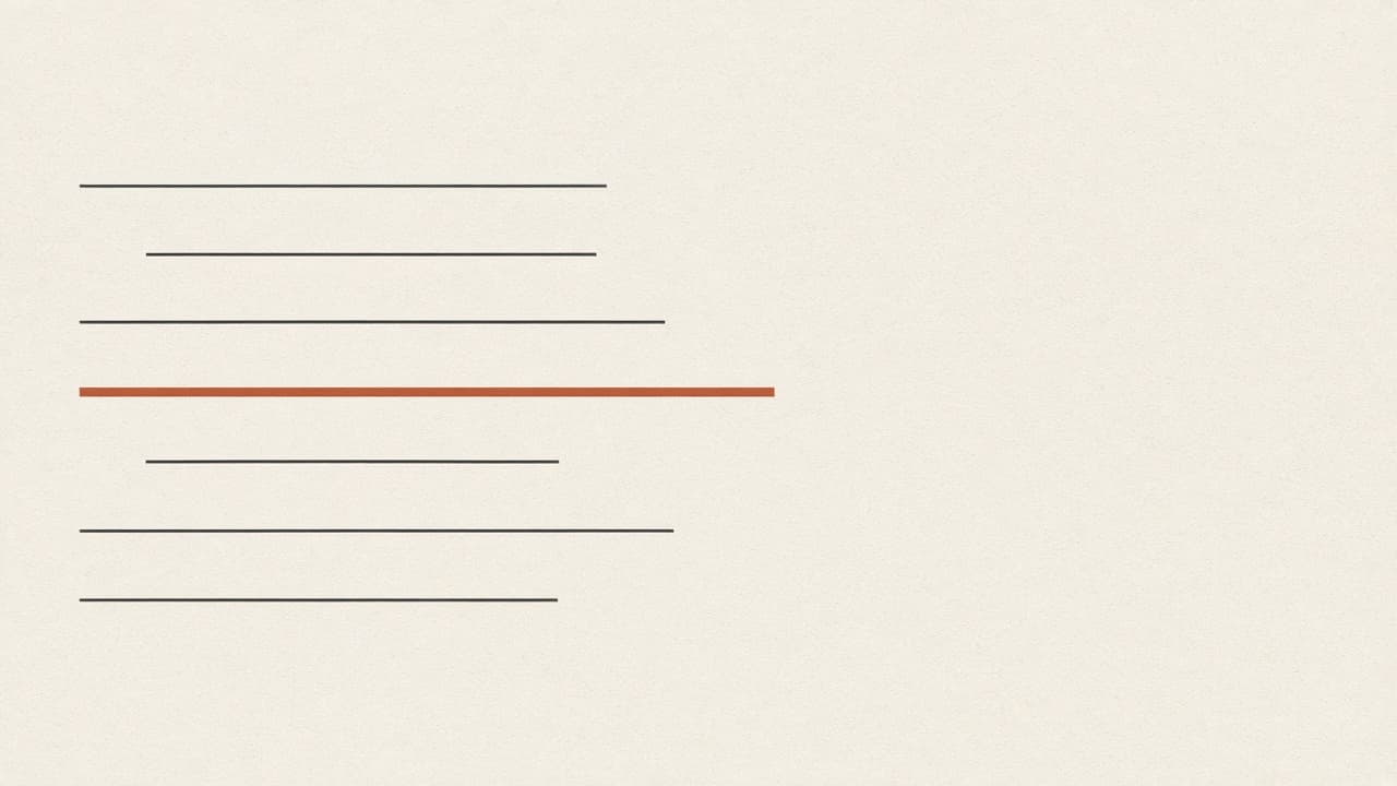 Horizontal charcoal lines of uneven length, one line terracotta