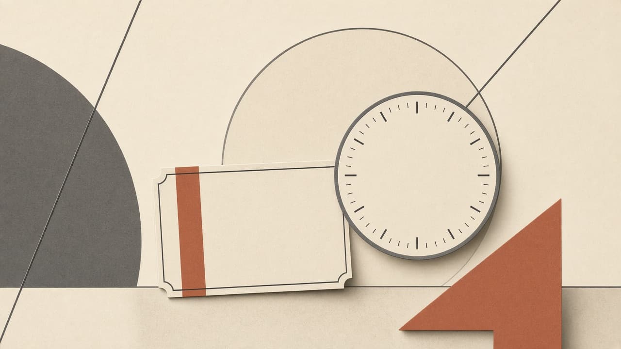 Geometric ticket stub and clock shape with a terracotta stripe