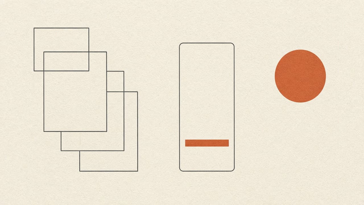 Geometric stacked cards beside a slim page with one terracotta bar