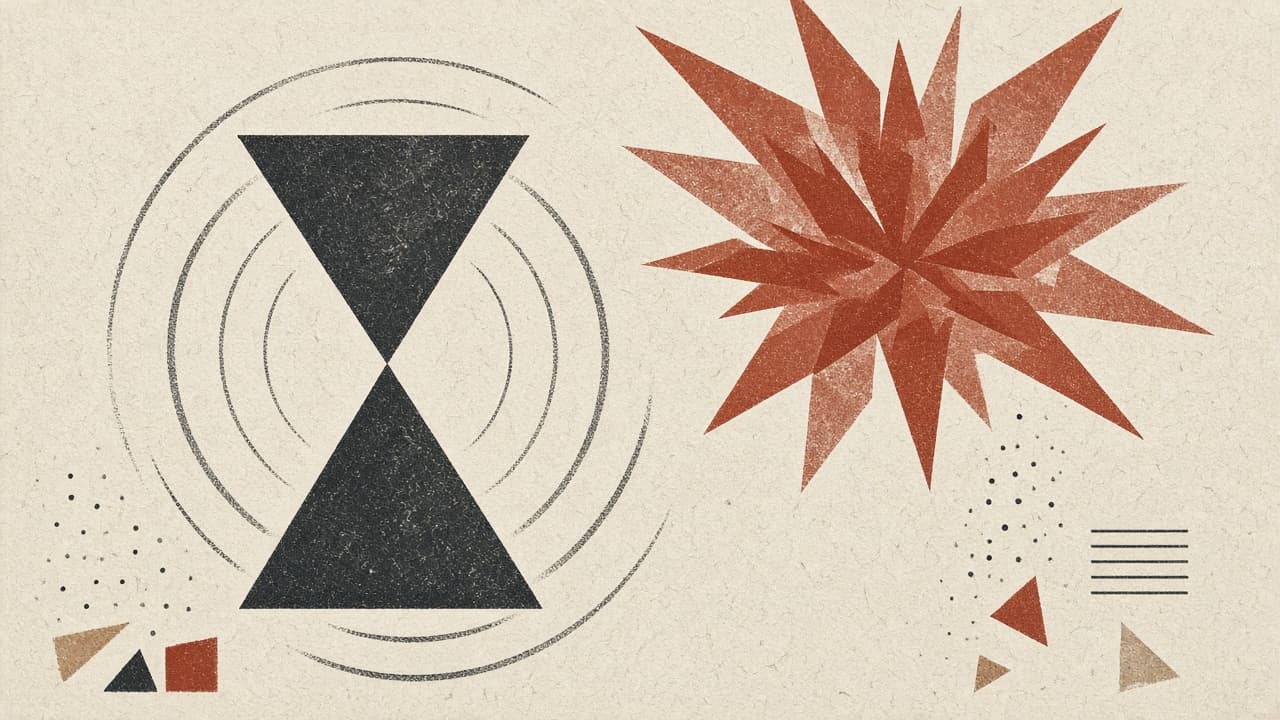 Charcoal hourglass triangles and a terracotta burst on warm paper