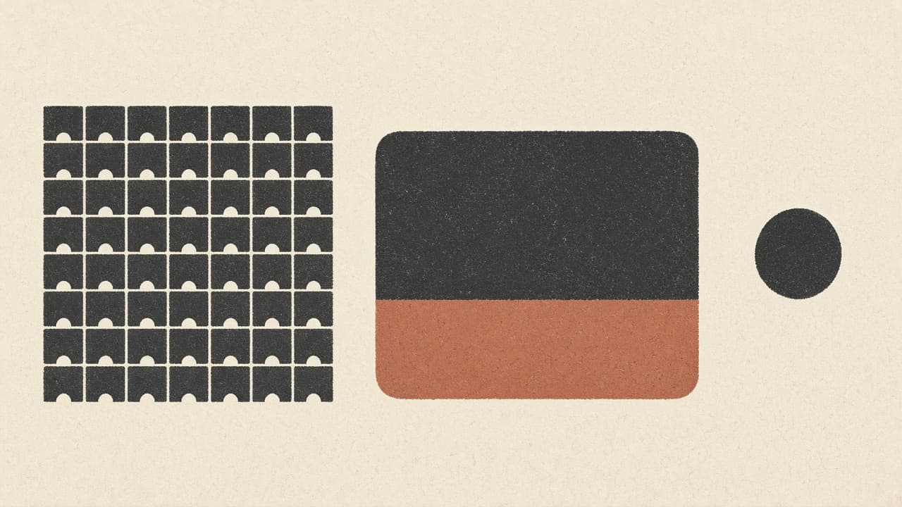 Geometric card-catalog squares beside a wide page with a terracotta band