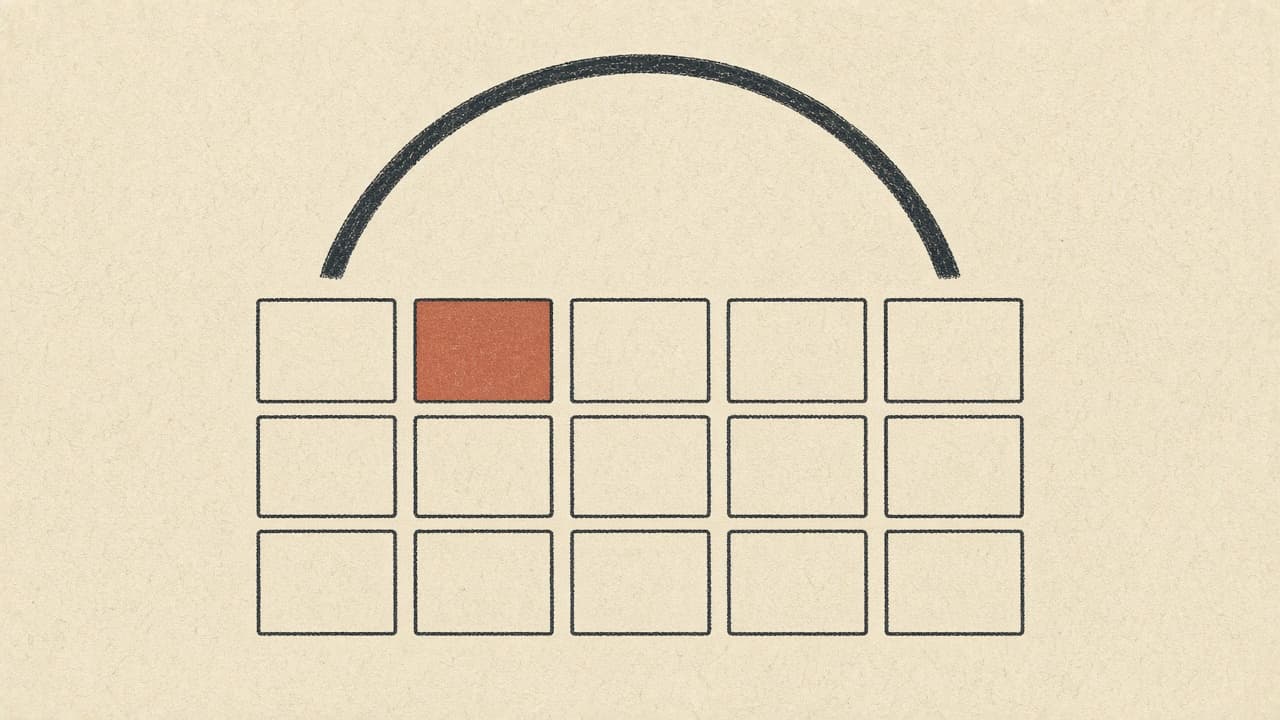 Geometric calendar block with a terracotta day bar on warm paper