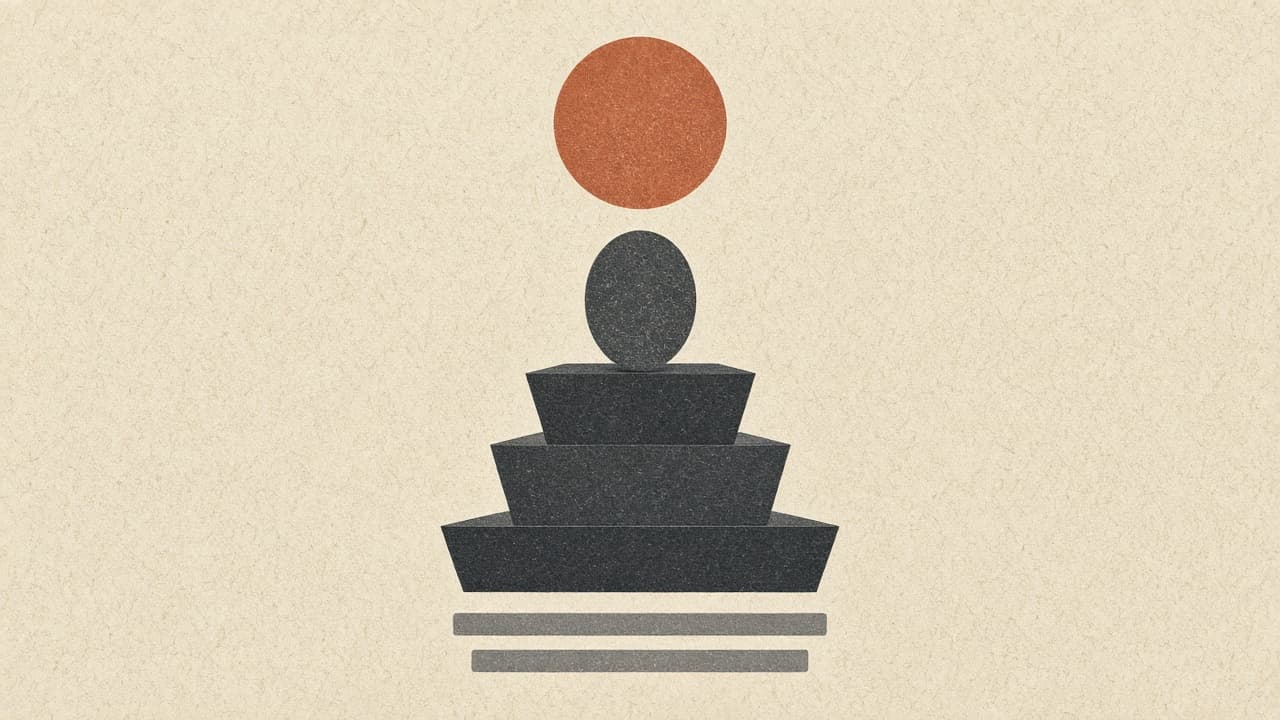Geometric podium and oval charcoal head under a terracotta circle