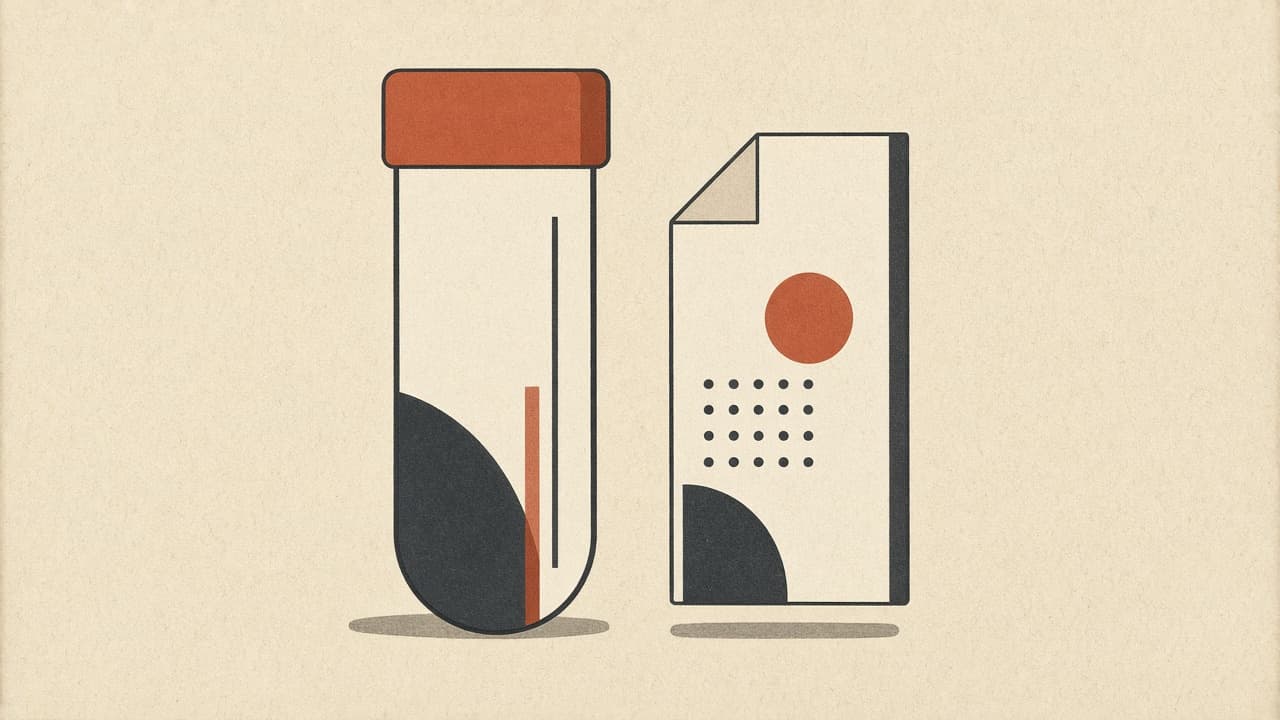 Geometric vial and document with terracotta cap on warm paper