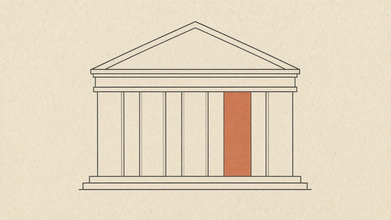 Geometric building facade with a terracotta column on warm paper