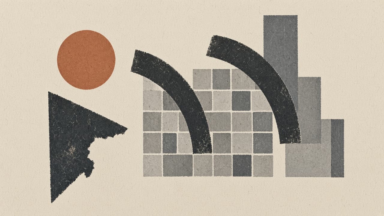 Terracotta disc, charcoal arcs, and a gray square grid on warm paper