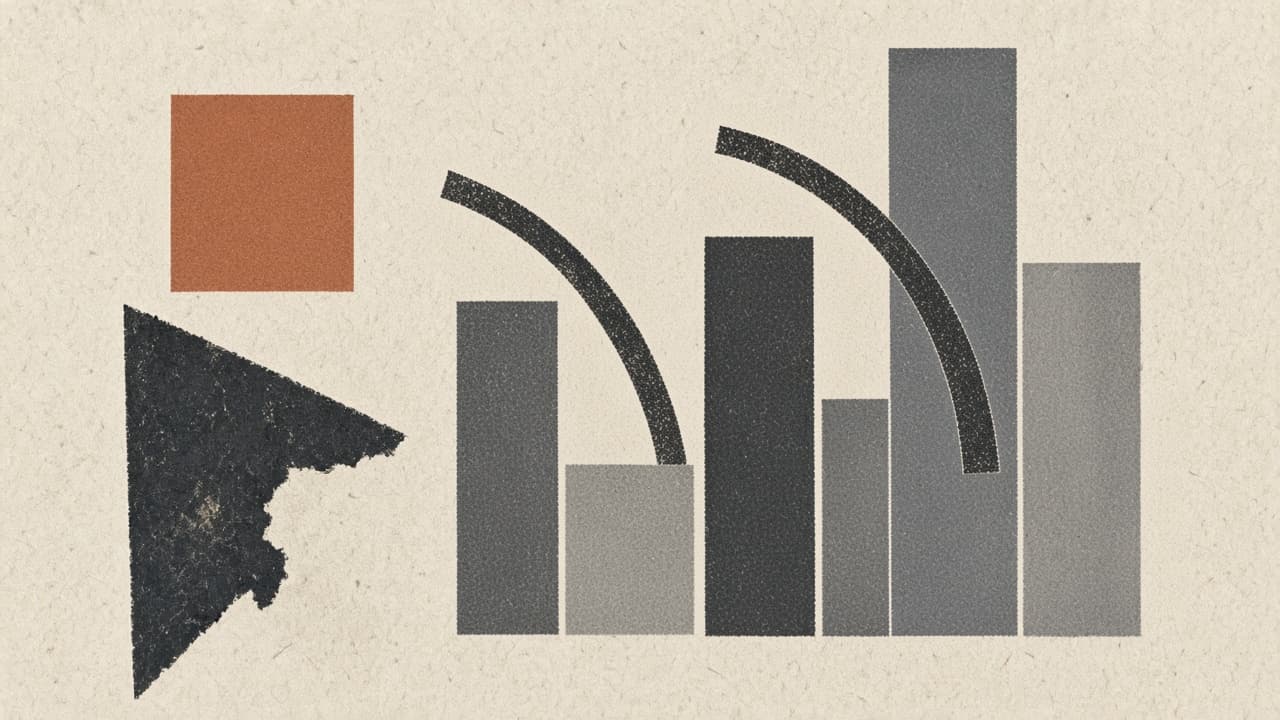 Uneven charcoal bars and a terracotta square on warm paper