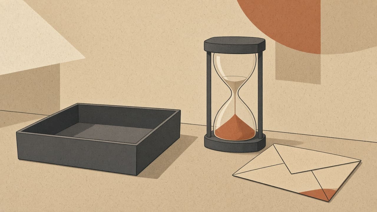 Empty geometric mail tray beside a clock on warm paper