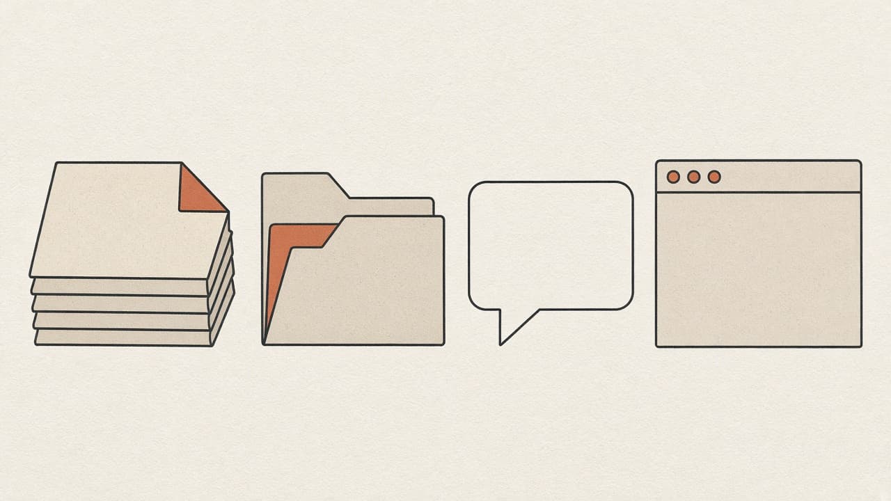 Newspaper block, folder, speech shape, and a browser frame in a row