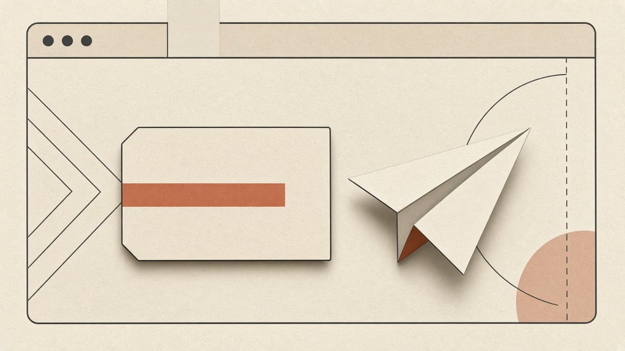 Geometric paper plane and boarding pass in a browser frame