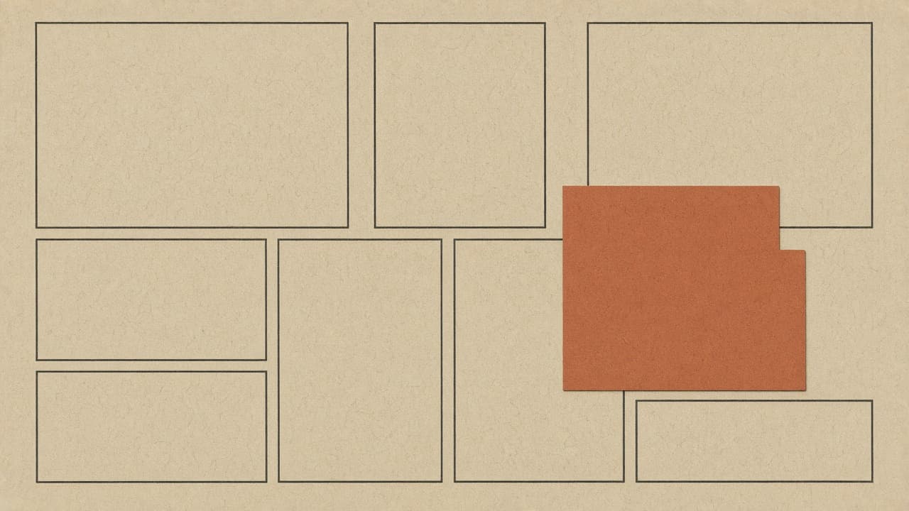 Geometric news layout with one story panel pulled forward