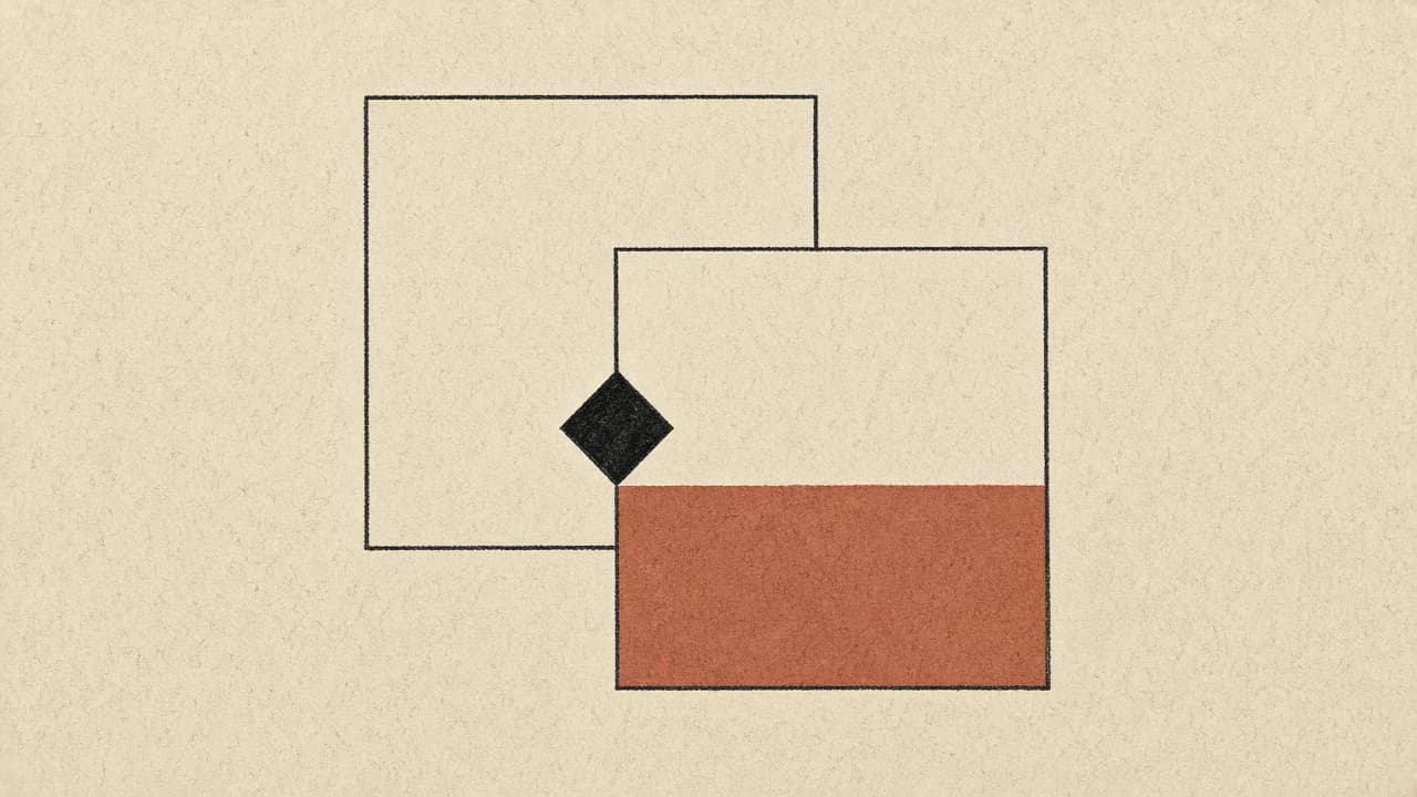 Two offset geometric squares on warm paper, one with a terracotta band