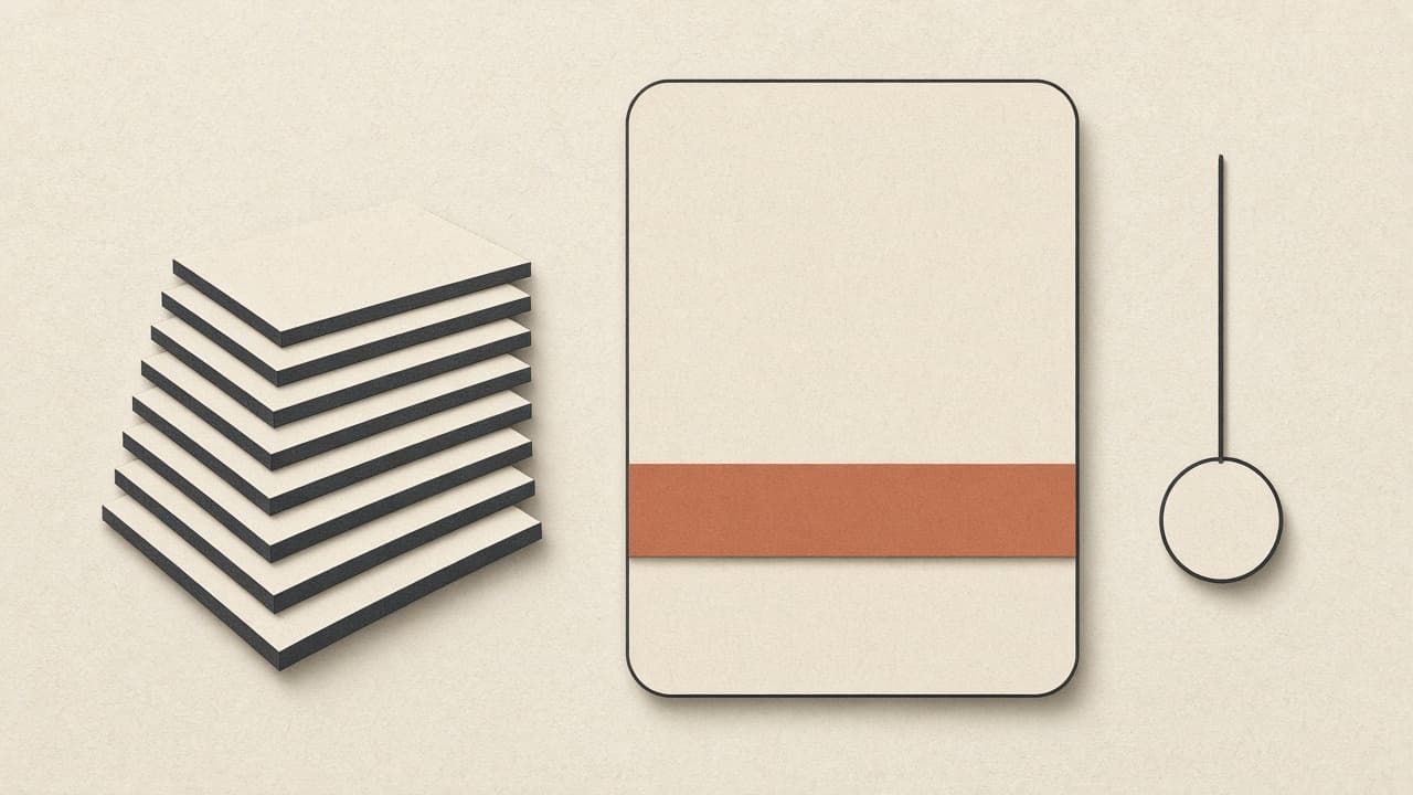 Geometric stacked paper rectangles beside a live page with a terracotta band
