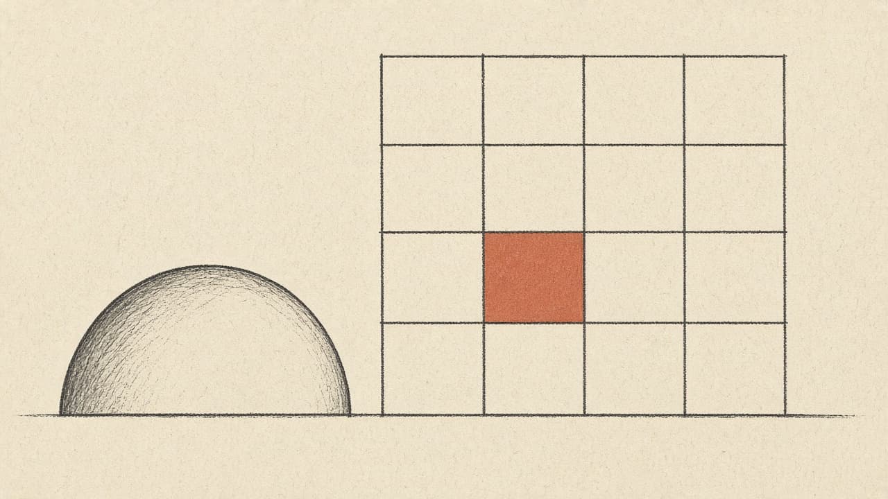 Geometric calendar grid on warm paper, one terracotta cell