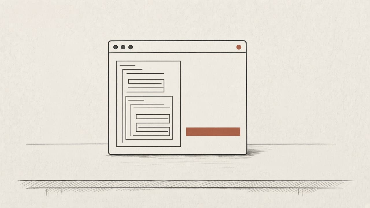 Abstract code blocks beside a single terracotta sentence bar
