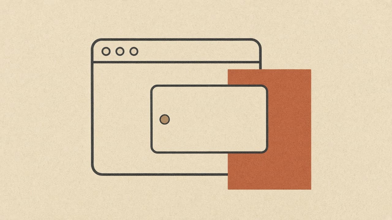 Geometric boarding pass overlapping a browser frame, terracotta fare bar