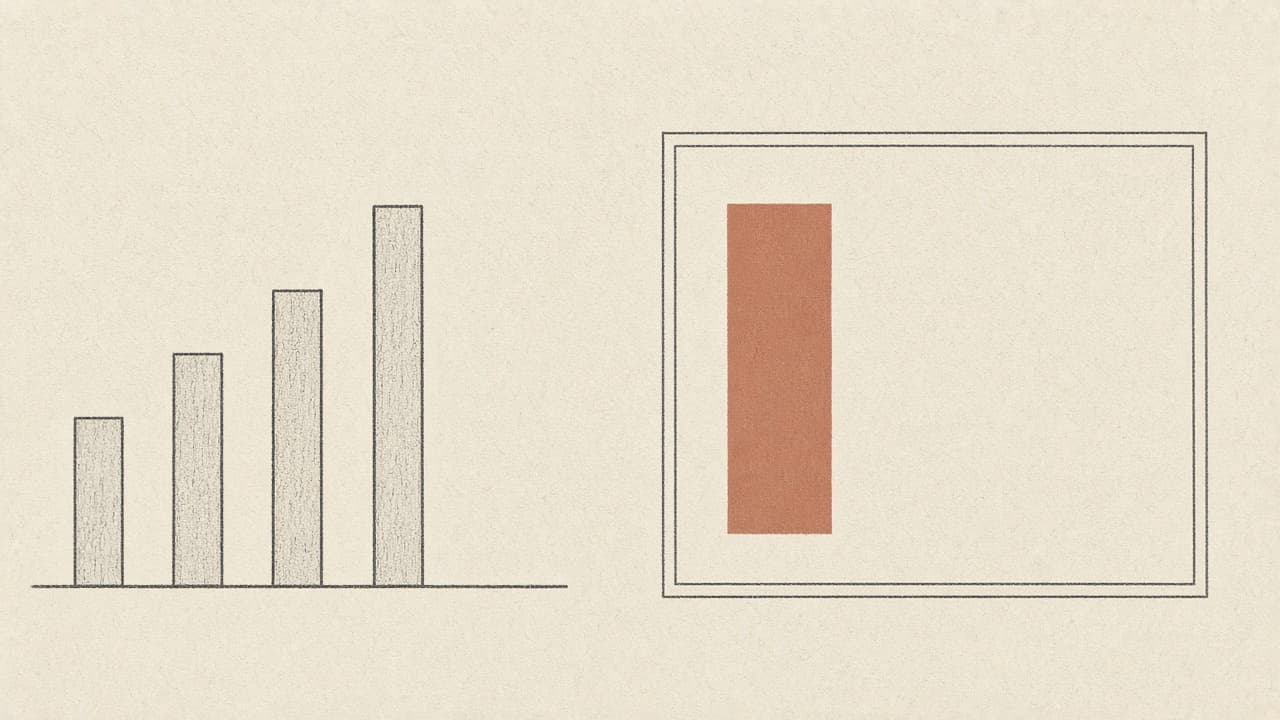 Geometric line chart beside a live product rectangle, terracotta bar