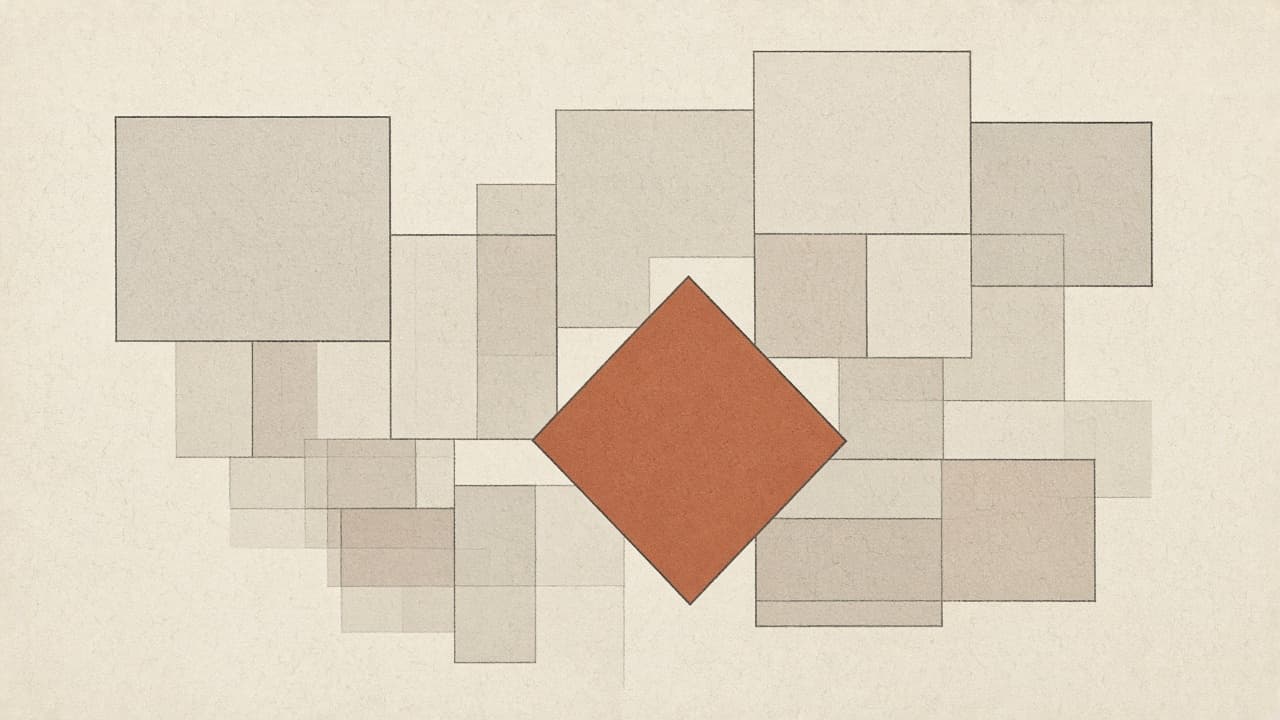 Fading letter tiles behind a simple terracotta diamond