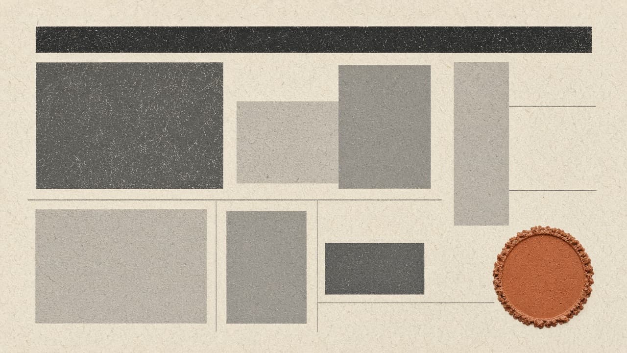 Newspaper column blocks and a terracotta seal on warm paper