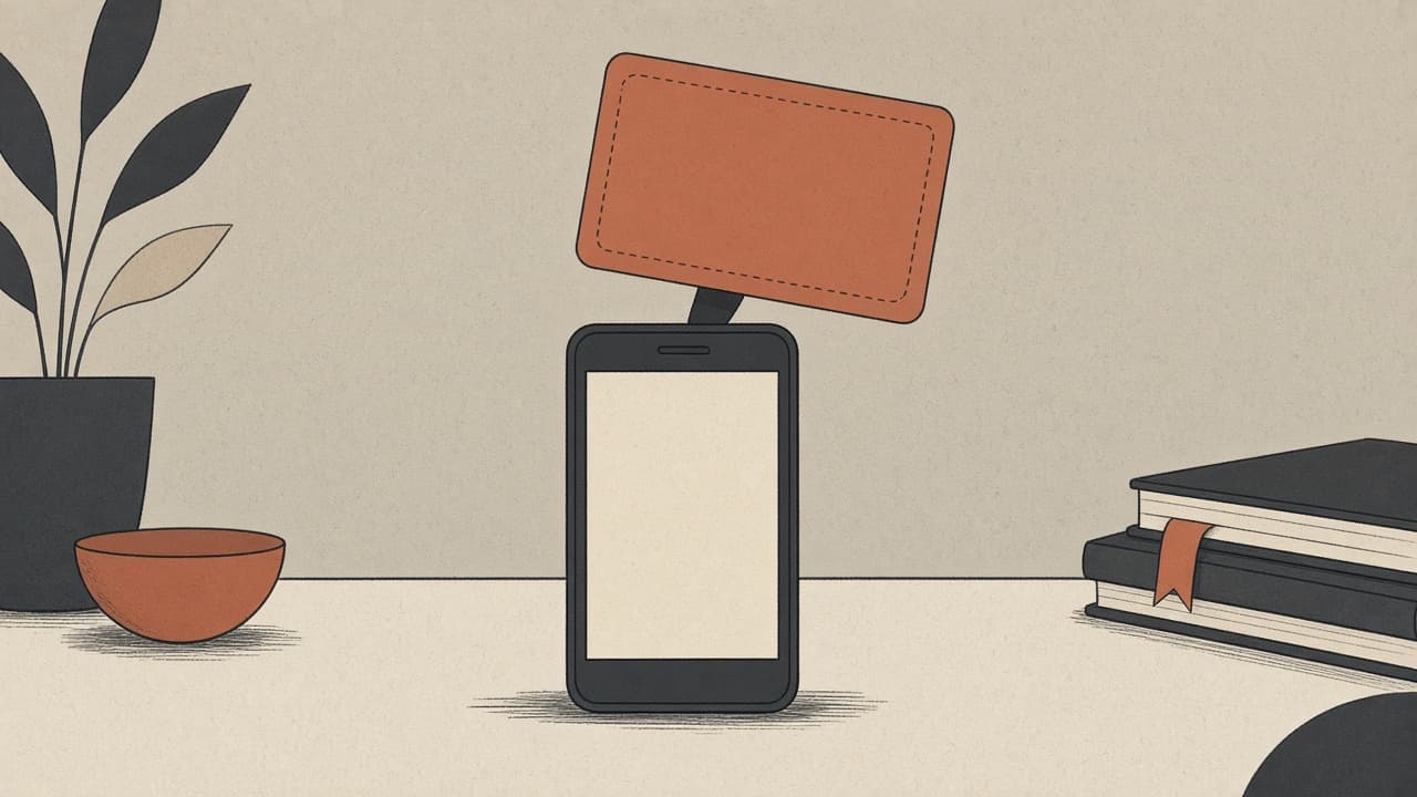 Phone silhouette with one terracotta card raised on warm paper