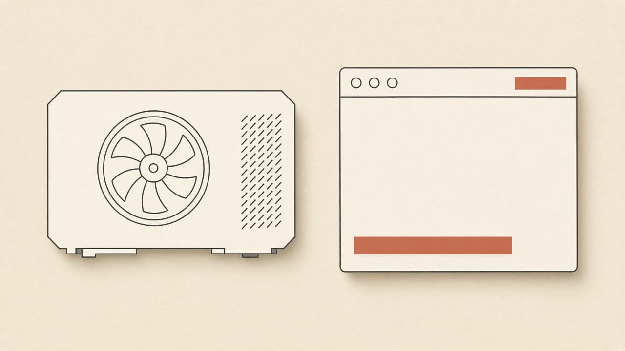 Geometric graphics card beside a browser frame, terracotta stock bar