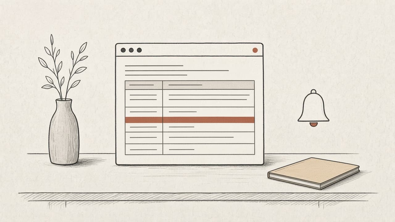 A desk with a government sanctions notice page in a browser window, a rust bar, a vase and a folder