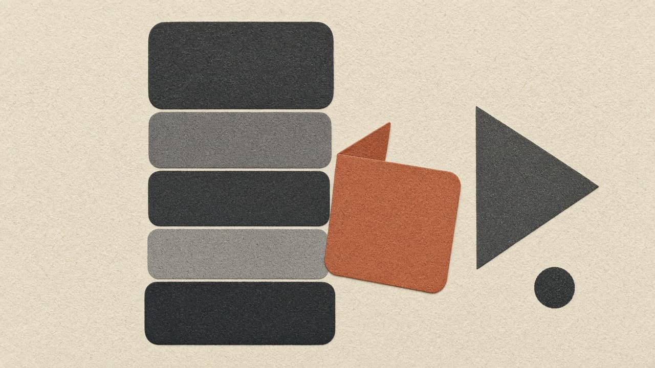 Stacked forum-card rectangles with one terracotta card offset on paper