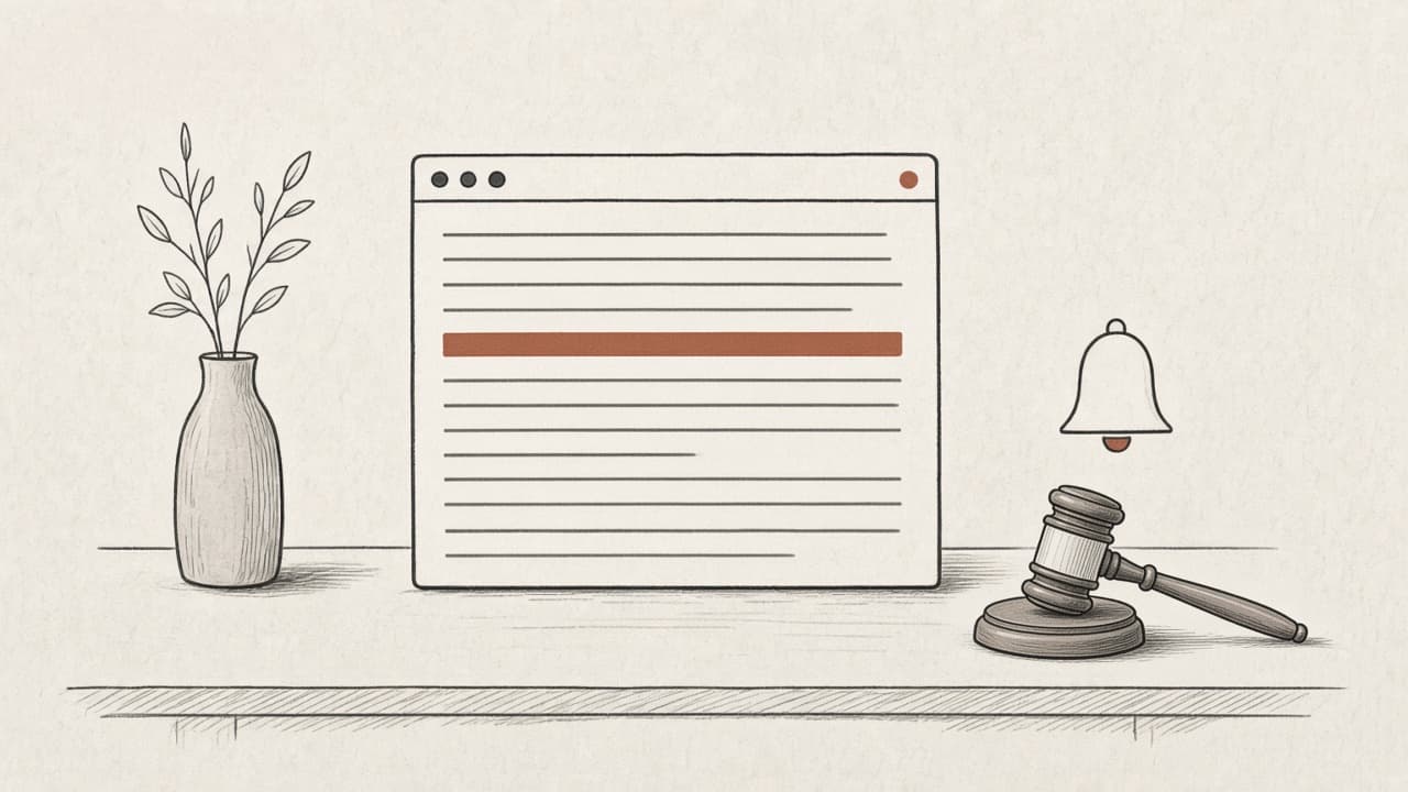 A desk with a public court docket in a browser window, one filing row marked, a vase and a gavel